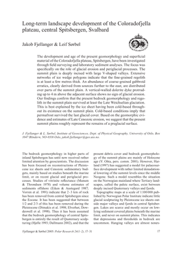 Long-Term Landscape Development of the Coloradofjella Plateau, Central Spitsbergen, Svalbard