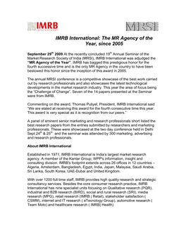 IMRB International: the MR Agency of the Year, Since 2005