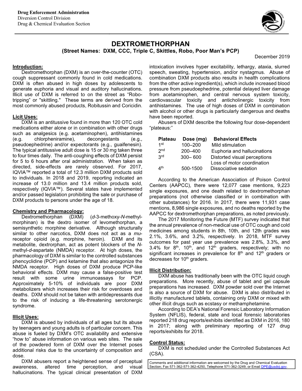 DEXTROMETHORPHAN (Street Names: DXM, CCC, Triple C, Skittles, Robo, Poor Man’S PCP) December 2019