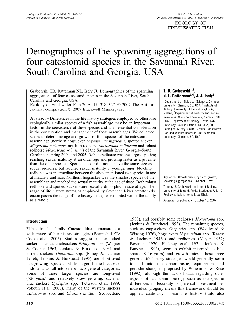 Demographics of the Spawning Aggregations of Four Catostomid Species in the Savannah River, South Carolina and Georgia, USA