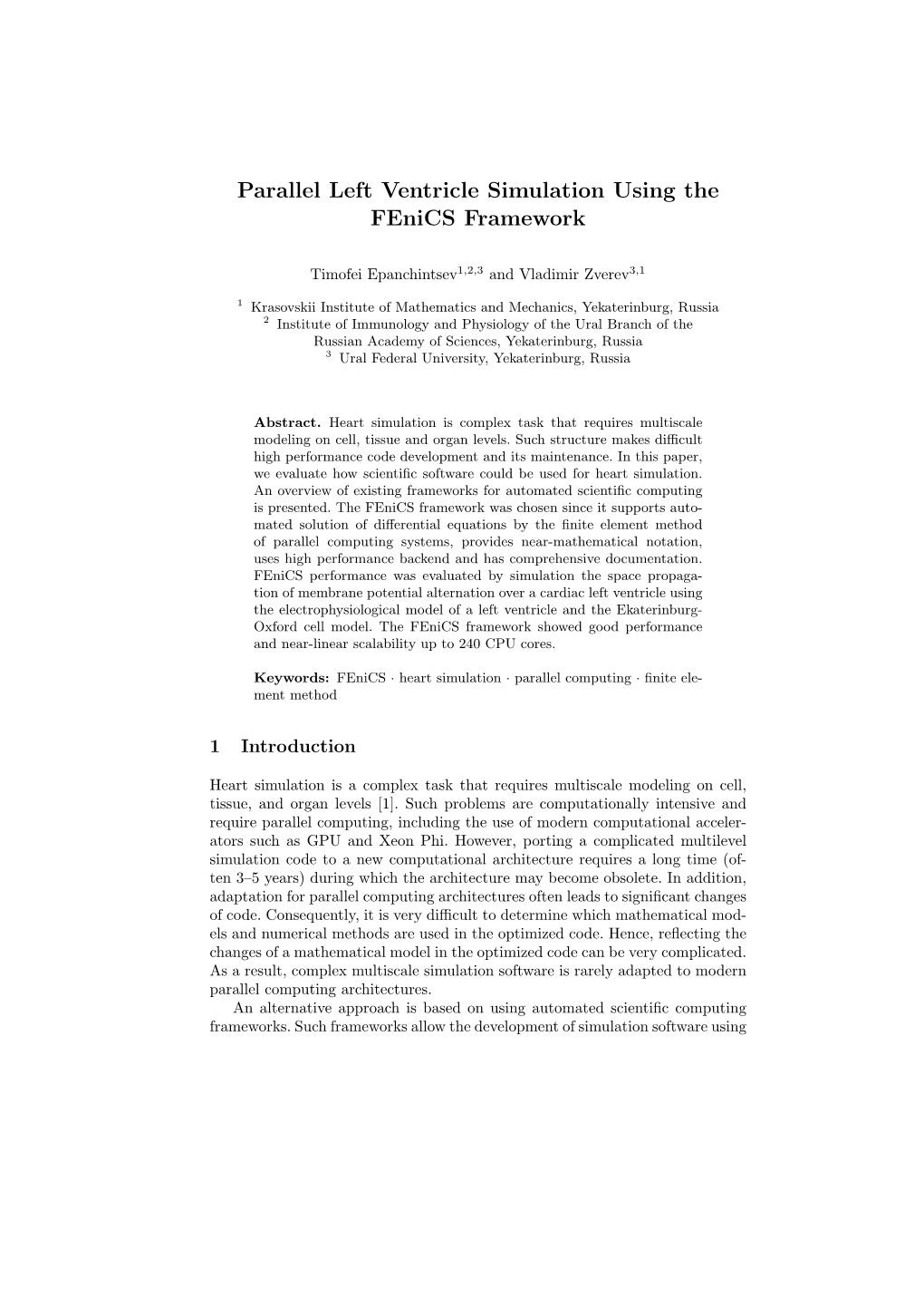 Parallel Left Ventricle Simulation Using the Fenics Framework