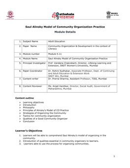 Saul Alinsky Model of Community Organization Practice Module Details