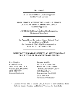 No. 14-4117 in the United States Court of Appeals for the Tenth Circuit KODY BROWN, MERI BROWN, JANELLE BROWN, CHRISTINE BROWN