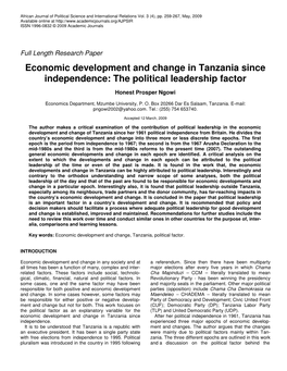 Economic Development and Change in Tanzania Since Independence: the Political Leadership Factor
