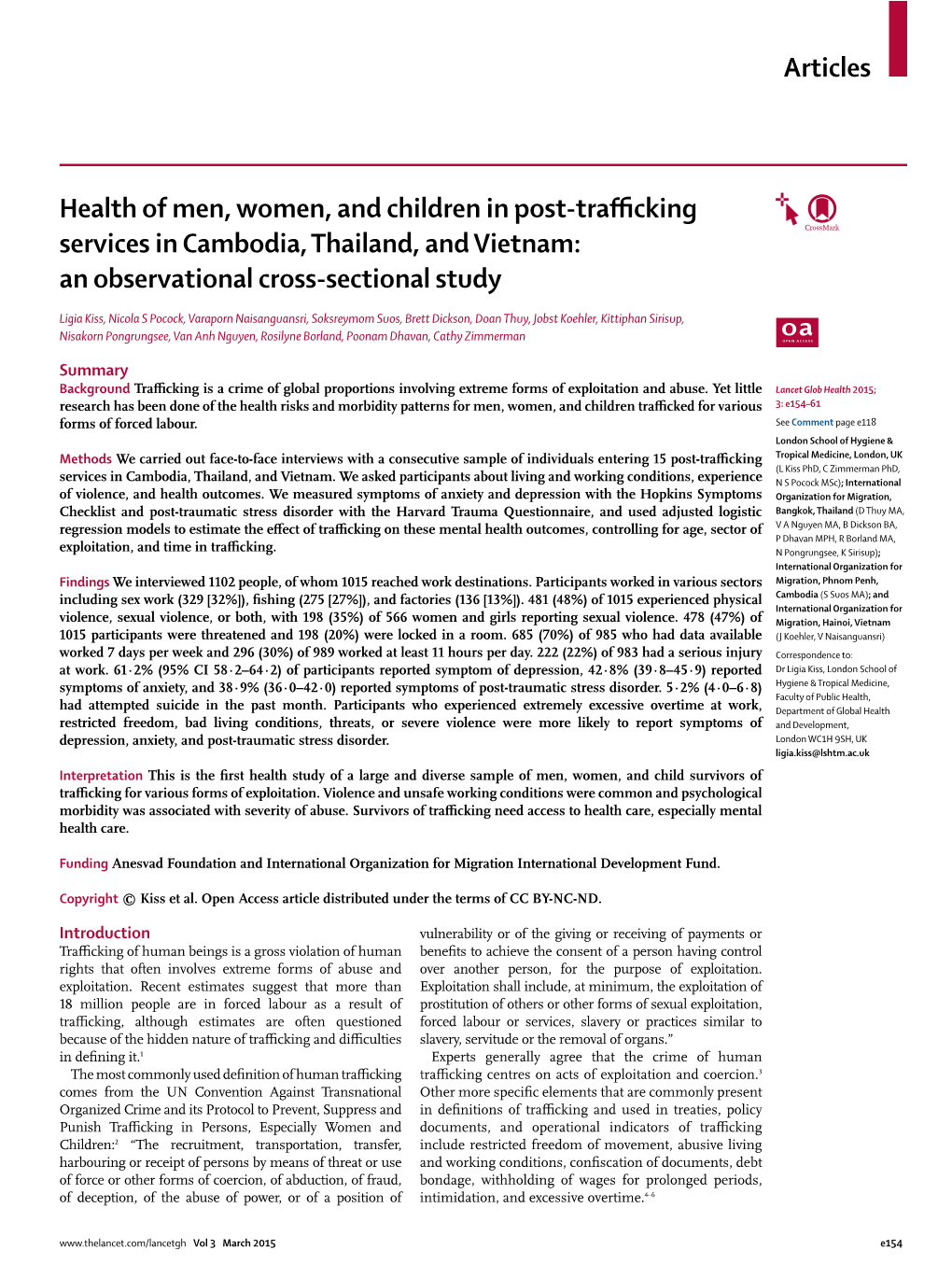 Health of Men, Women, and Children in Post-Traffi Cking Services In