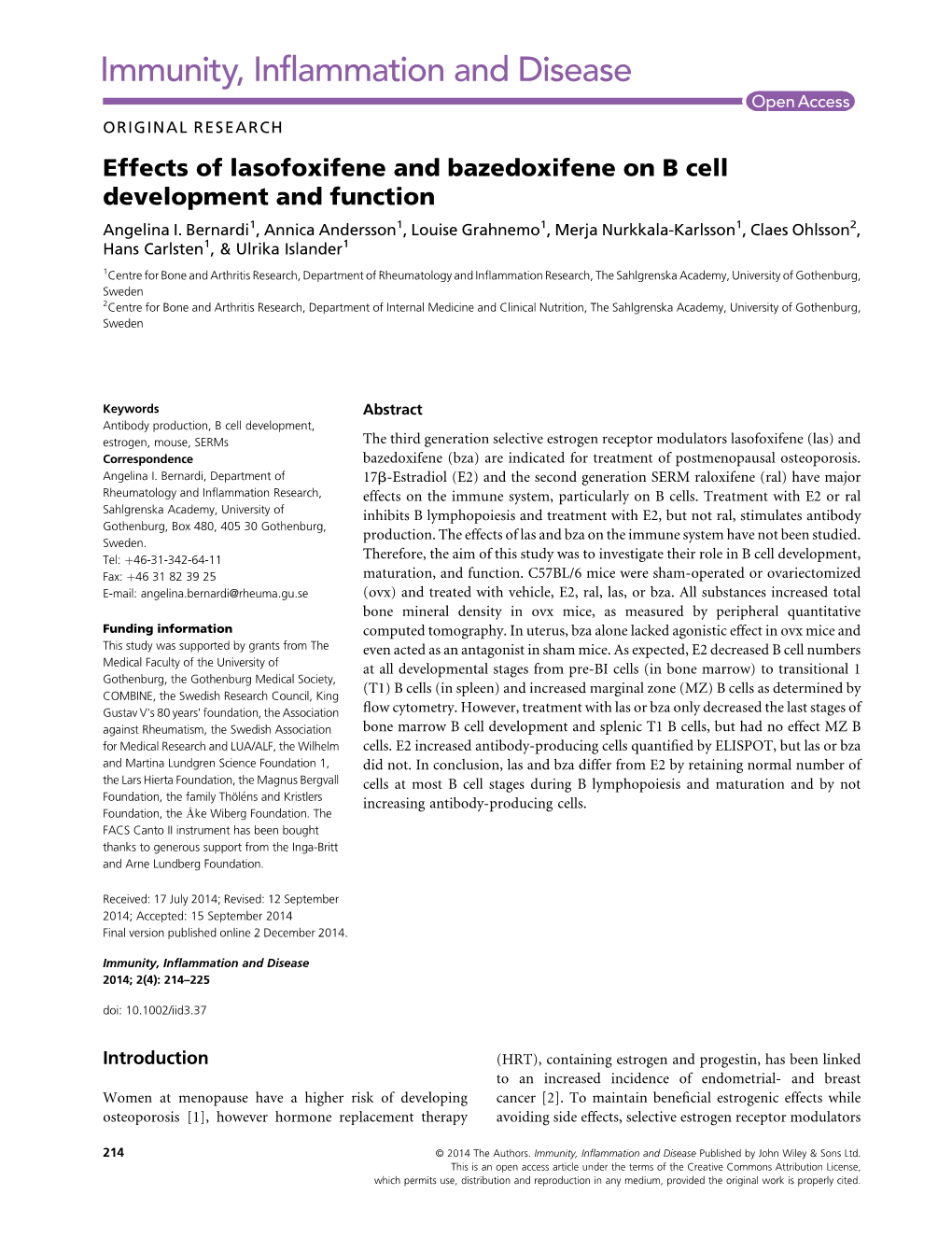 Effects of Lasofoxifene and Bazedoxifene on B Cell Development and Function Angelina I