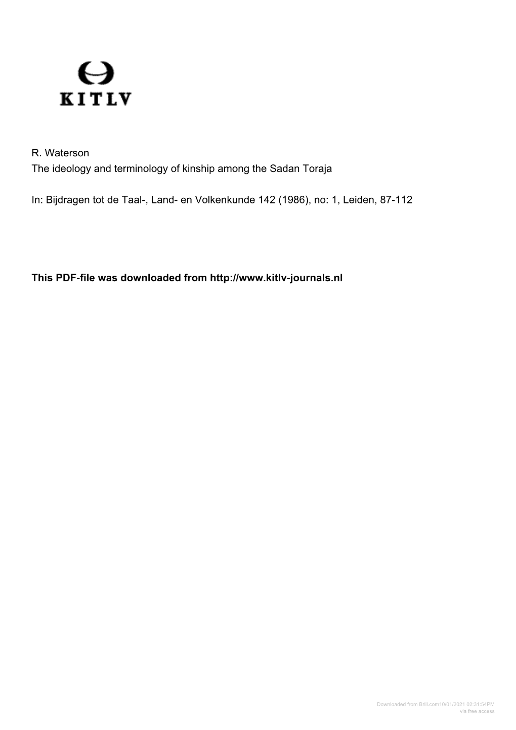 R. Waterson the Ideology and Terminology of Kinship Among the Sadan Toraja In: Bijdragen Tot De Taal-, Land- En Volkenkunde