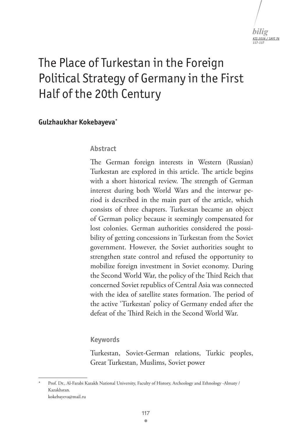 The Place of Turkestan in the Foreign Political Strategy of Germany in the First Half of the 20Th Century