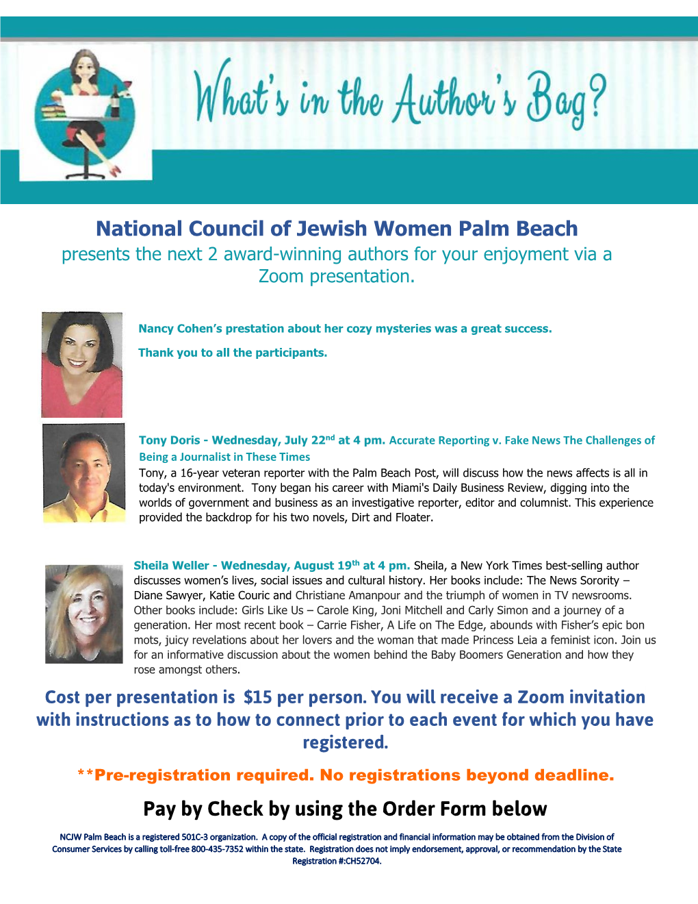 National Council of Jewish Women Palm Beach Pay by Check by Using the Order Form Below