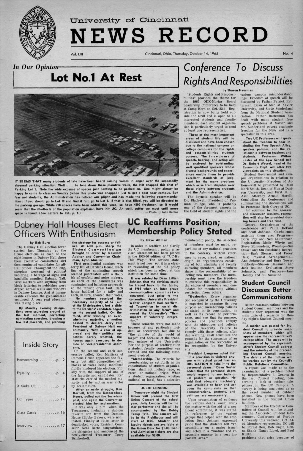 University of Cincinnati News Record. Thursday, October 14, 1965. Vol