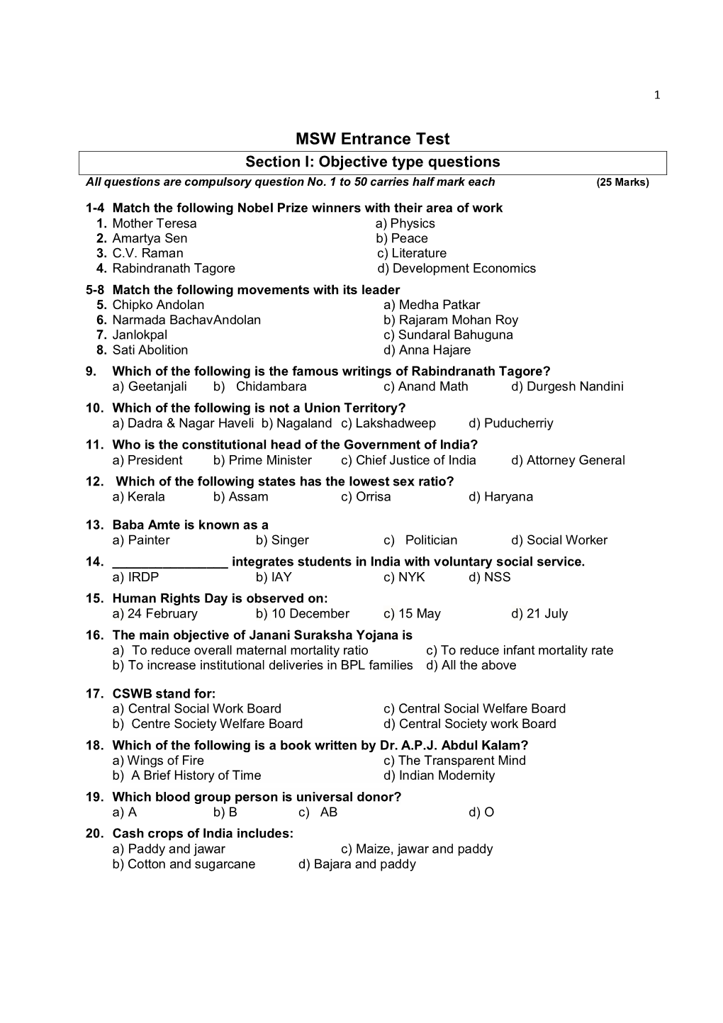 MSW Entrance Test Section I: Objective Type Questions All Questions Are Compulsory Question No