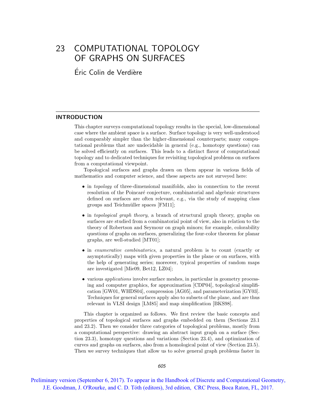 23 COMPUTATIONAL TOPOLOGY of GRAPHS on SURFACES Eric´ Colin De Verdi`Ere