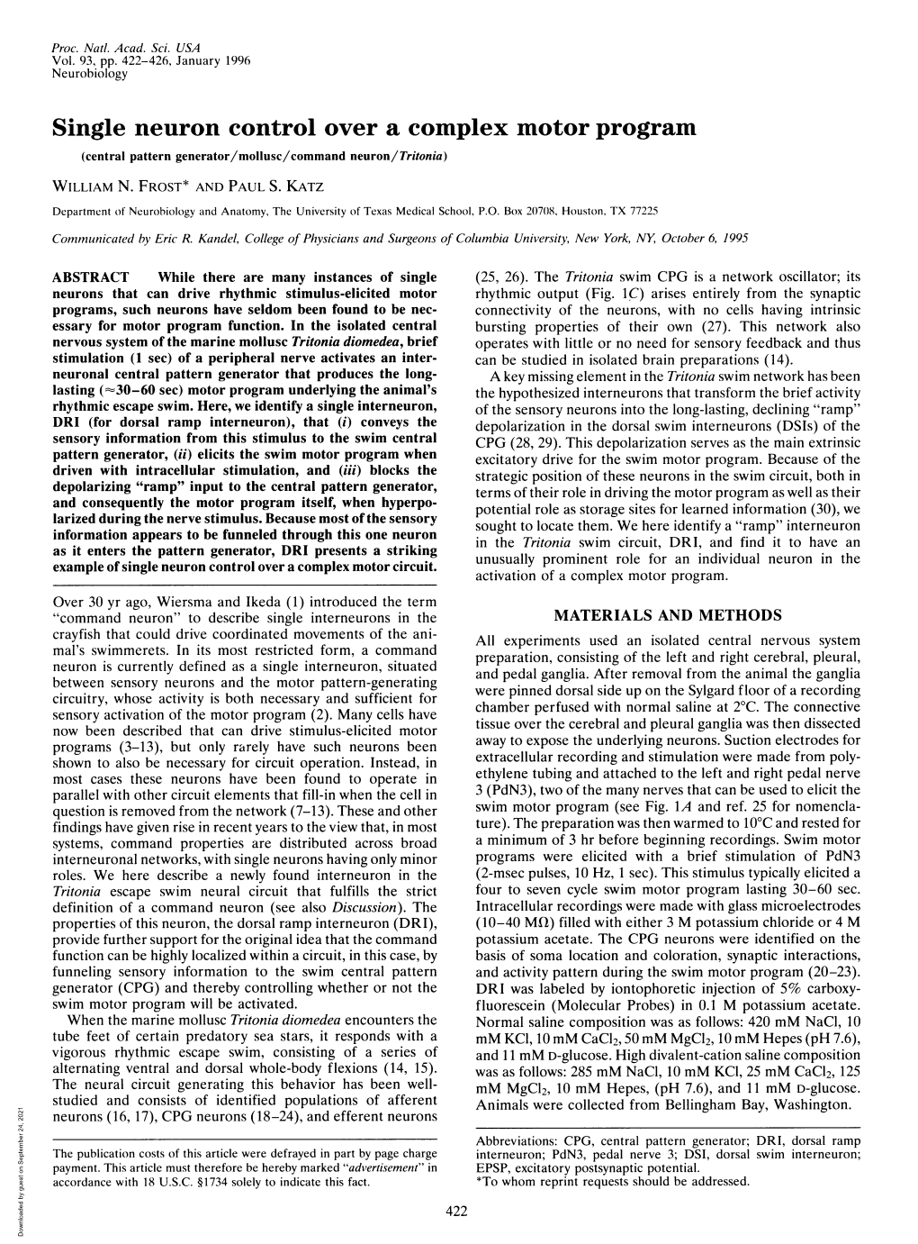 Single Neuron Control Over a Complex Motor Program (Central Pattern Generator/Mollusc/Command Neuron/Tritonia)