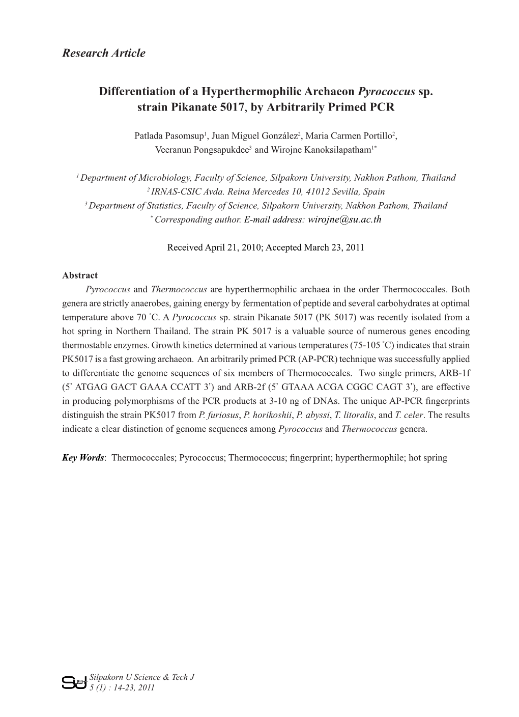 Differentiation of a Hyperthermophilic Archaeon Pyrococcus Sp. Strain Pikanate 5017, by Arbitrarily Primed PCR