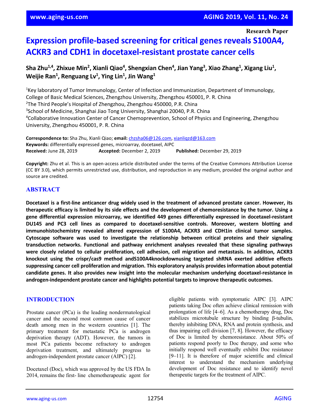 Expression Profile-Based Screening for Critical Genes Reveals S100A4, ACKR3 and CDH1 in Docetaxel-Resistant Prostate Cancer Cells