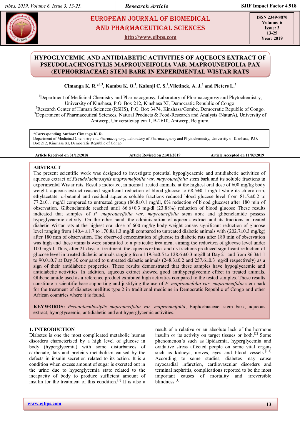 European Journal of Biomedical and Pharmaceutical Sciencesvolume: 6 and Pharmaceutical Sciences Issue: 3 13-25 Year: 2019