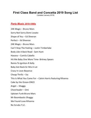 First Class Band and Concetta 2019 Song List (Updated January 2019)