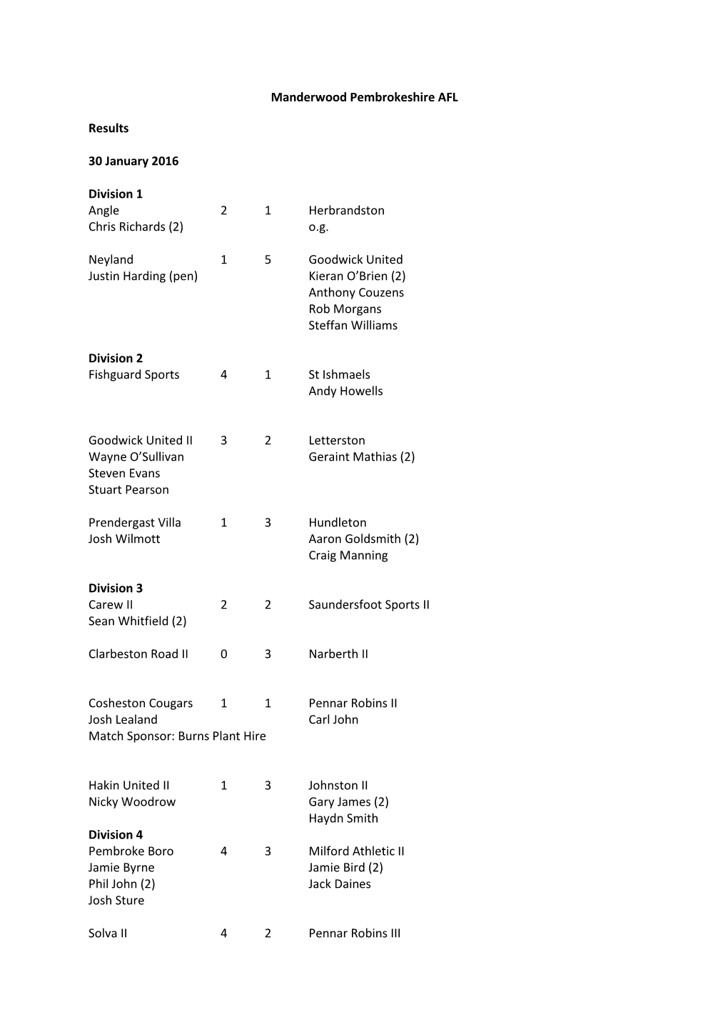 Manderwood Pembrokeshire AFL Results 30