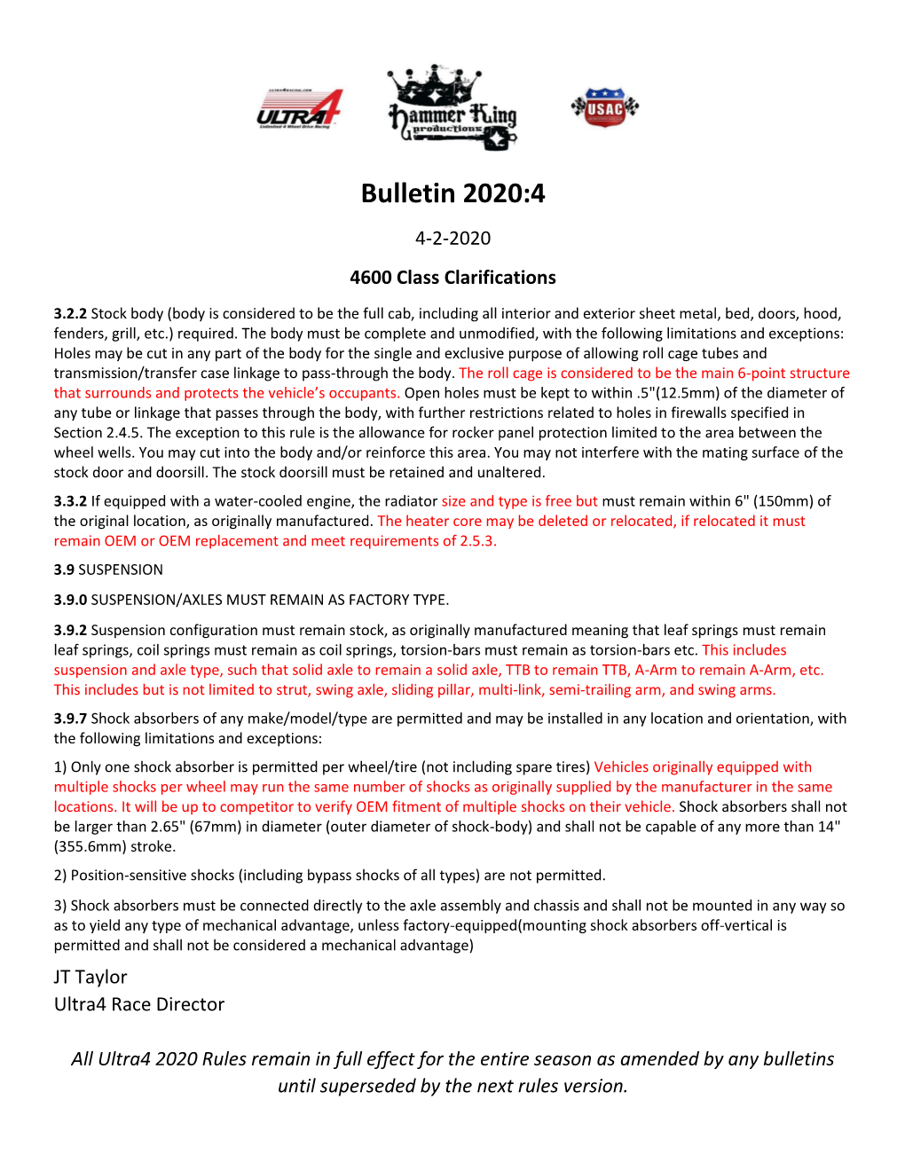 Bulletin 2020:4 4-2-2020 4600 Class Clarifications