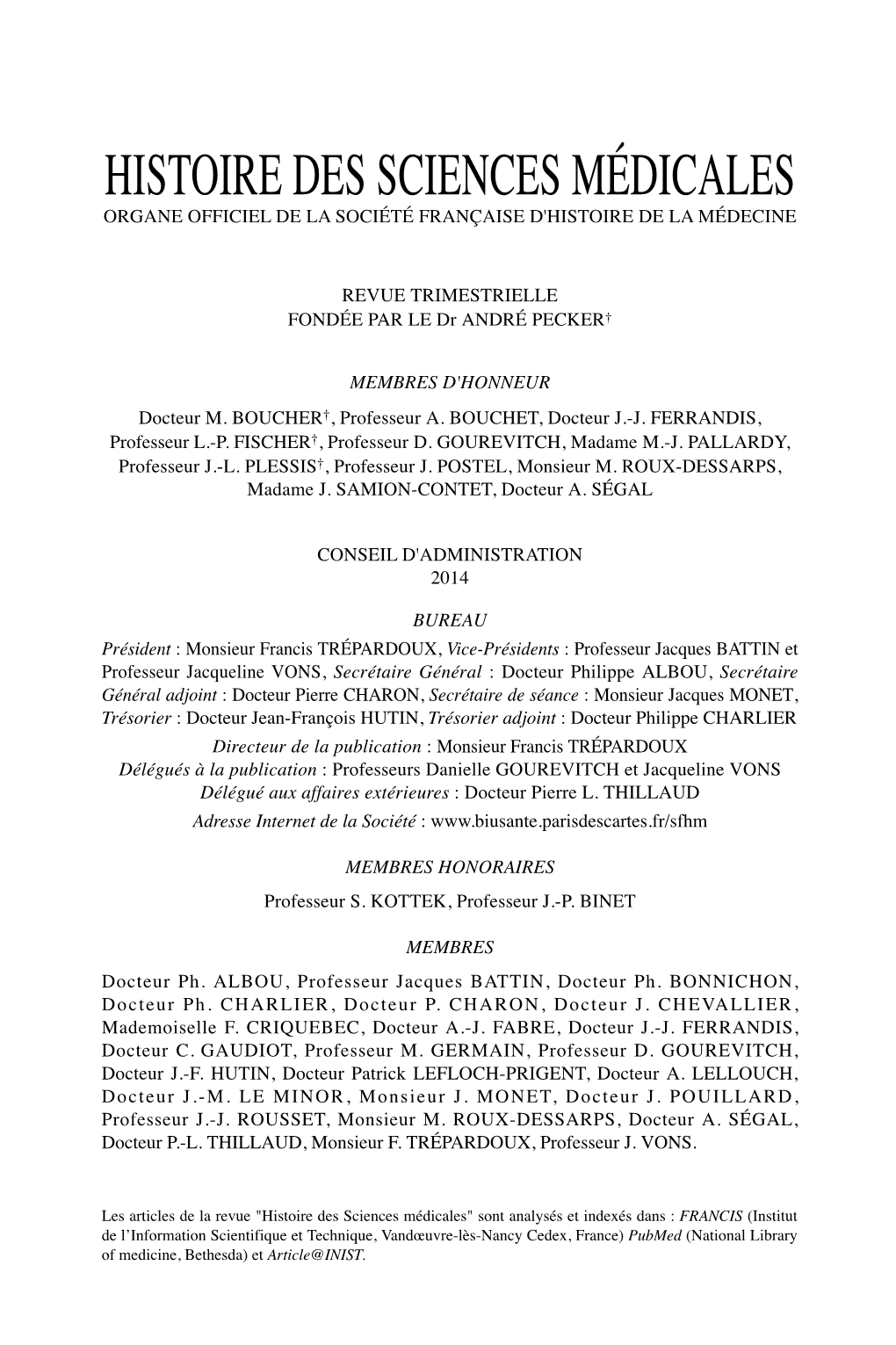 Histoire Des Sciences Médicales Organe Officiel De La Société Française D'histoire De La Médecine