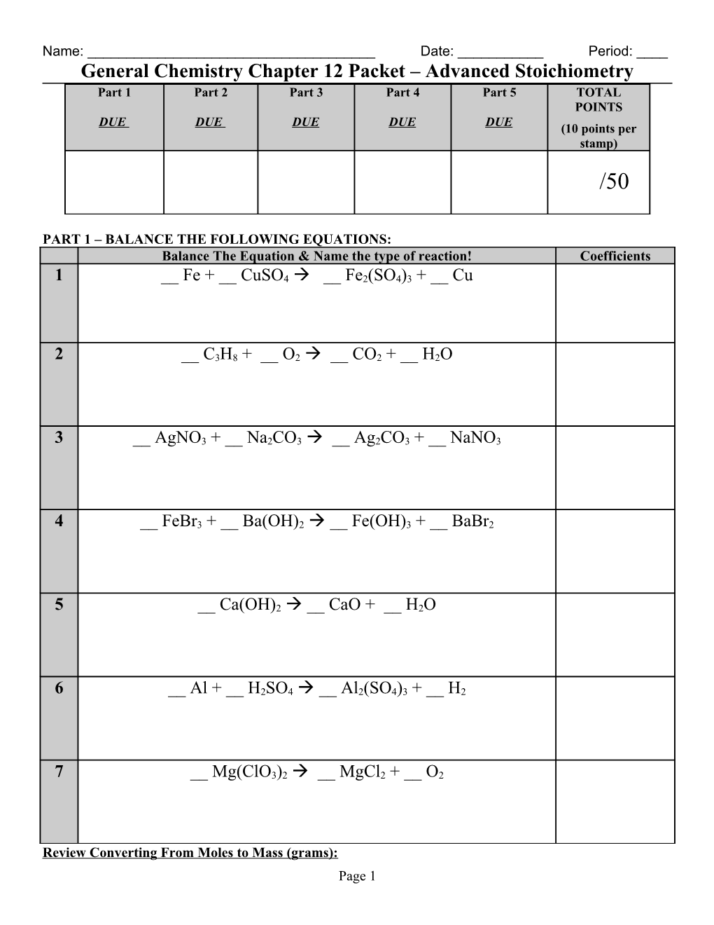 General Chemistry Chapter 12 Packet Advanced Stoichiometry