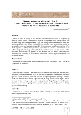 Diversos Aspectos De La Identidad Cultural: El Llanero Venezolano Y El Gaúcho Brasileño Como Representaciones Selectivas Del Pasado Realizadas En El Presente*