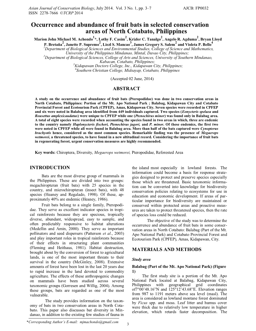 Occurrence and Abundance of Fruit Bats in Selected Conservation Areas of North Cotabato, Philippines