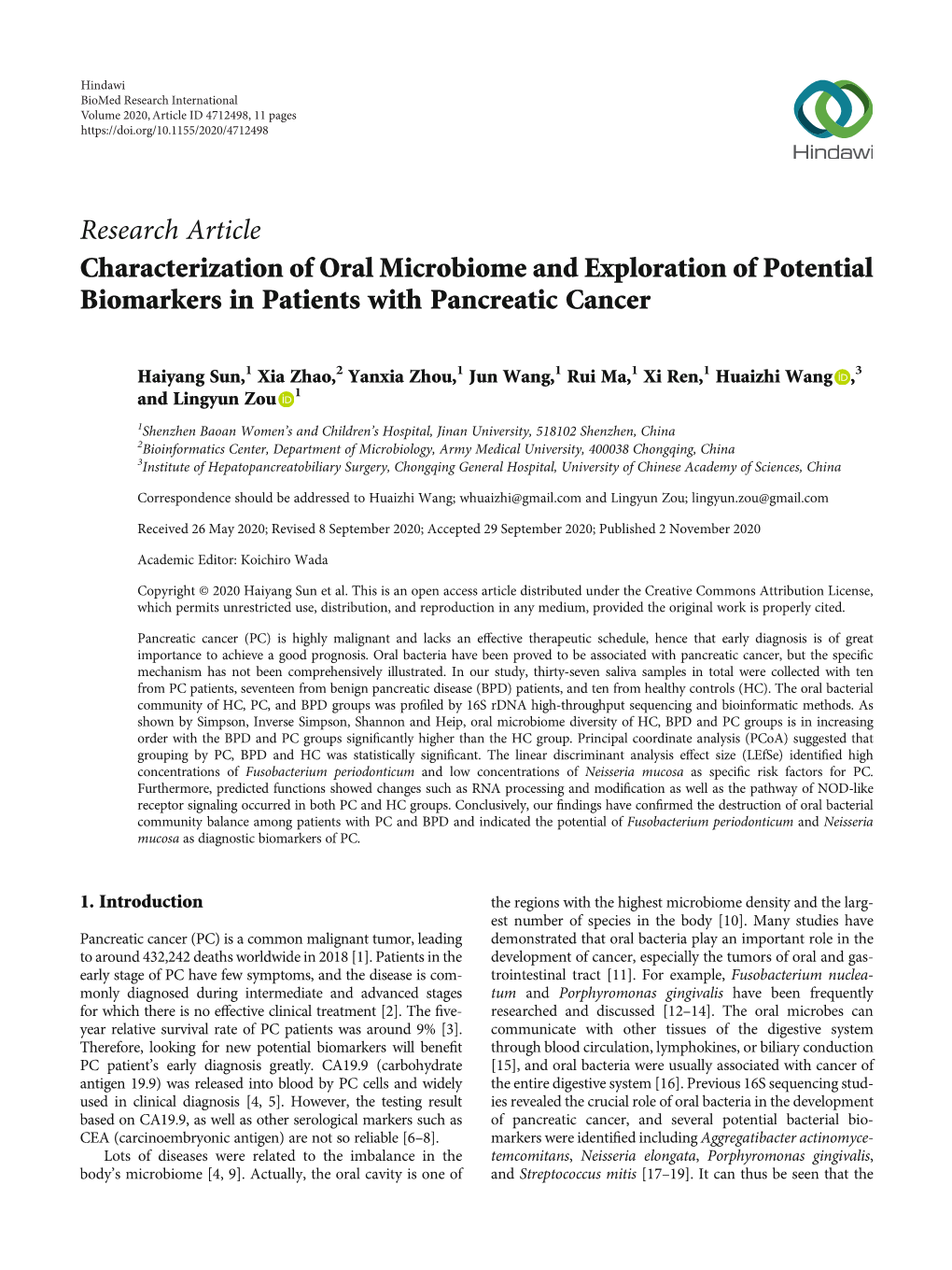 Characterization of Oral Microbiome and Exploration of Potential Biomarkers in Patients with Pancreatic Cancer