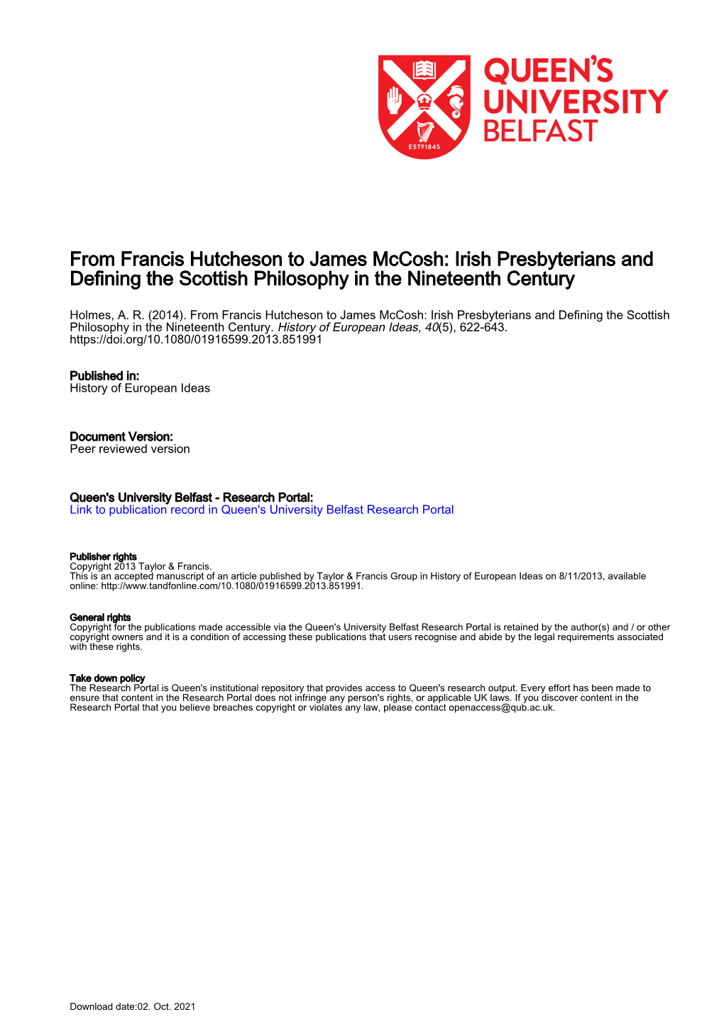 From Francis Hutcheson to James Mccosh: Irish Presbyterians and the Scottish Philosophy in the Nineteenth Century