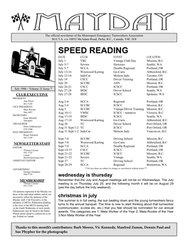 SPEED READING DATE CLUB EVENT LOCATION July 1 VRC Vintage Club Day Mission, B.C
