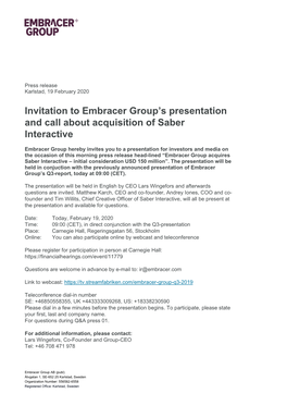 Invitation to Embracer Group's Presentation and Call About