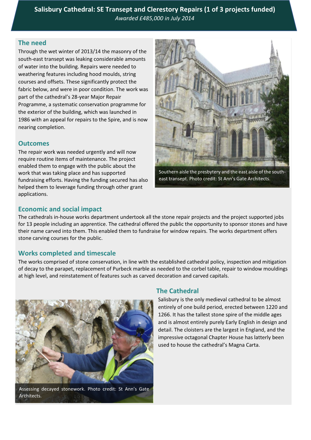 Salisbury Cathedral: SE Transept and Clerestory Repairs (1 of 3 Projects Funded) Awarded £485,000 in July 2014