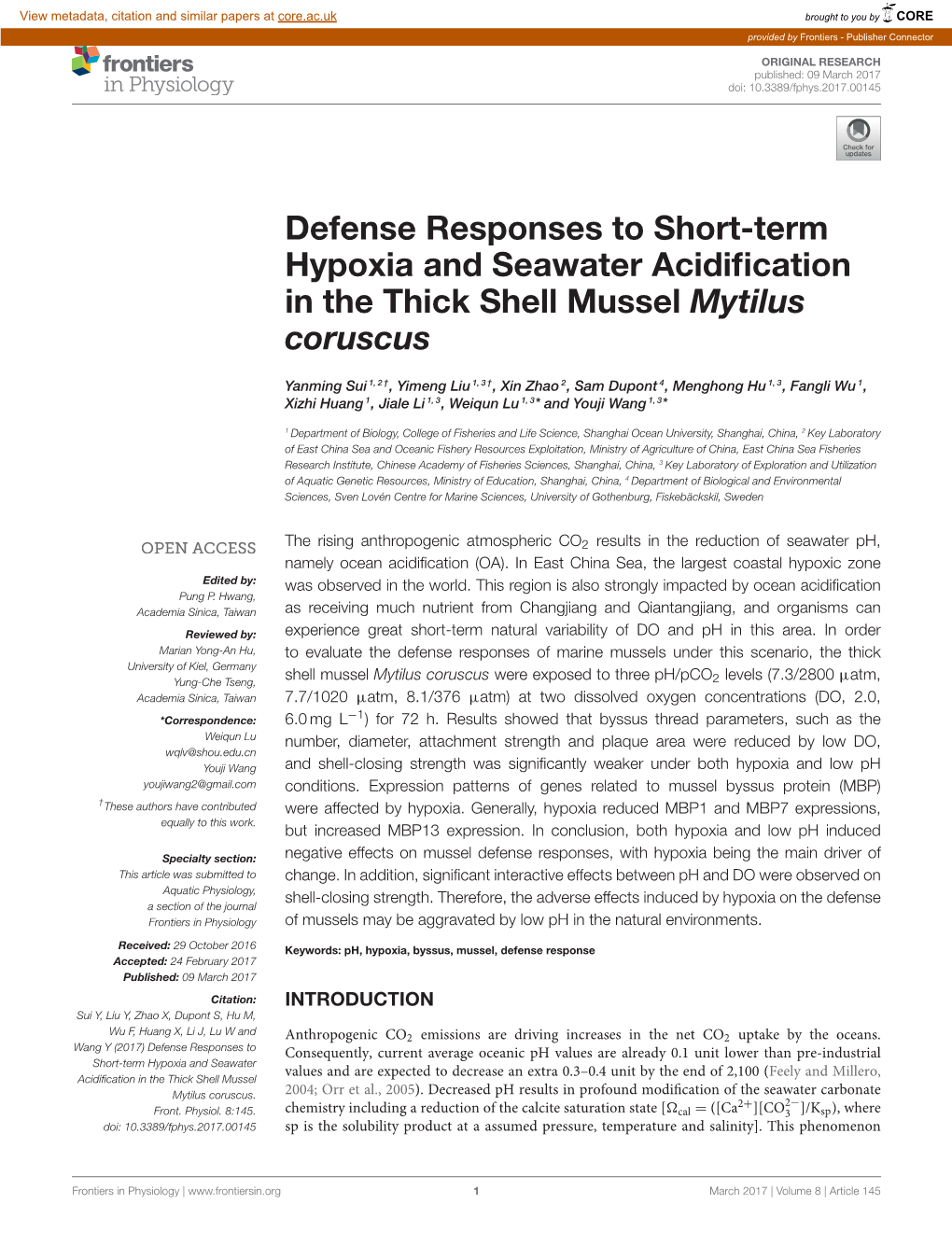 Defense Responses to Short-Term Hypoxia and Seawater Acidification