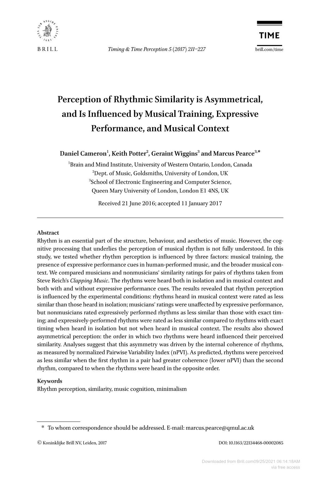 Perception of Rhythmic Similarity Is Asymmetrical, and Is Influenced by Musical Training, Expressive Performance, and Musical Context