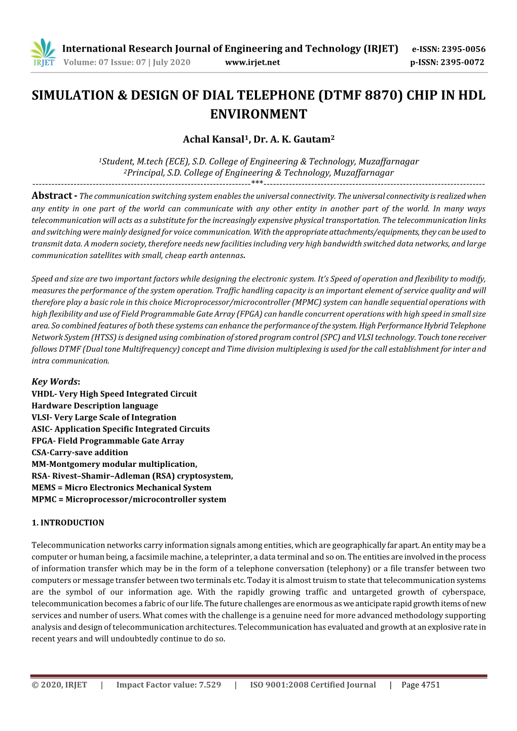 Simulation & Design of Dial Telephone (Dtmf 8870)