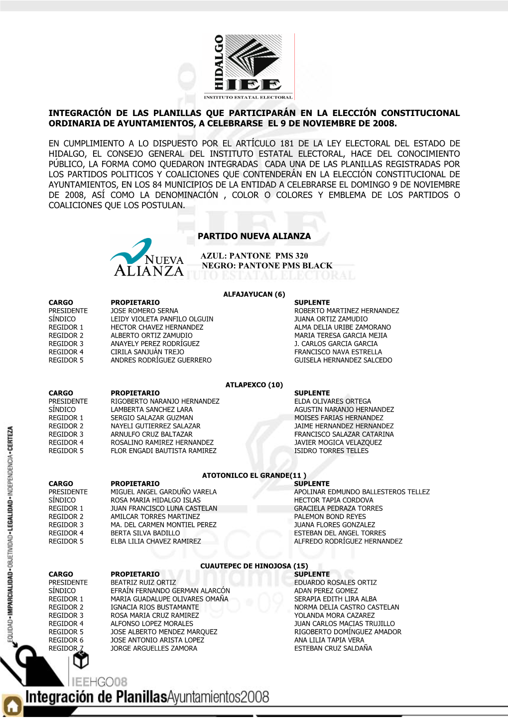 Integración De Las Planillas Que Participarán En La Elección Constitucional Ordinaria De Ayuntamientos, a Celebrarse El 9 De Noviembre De 2008