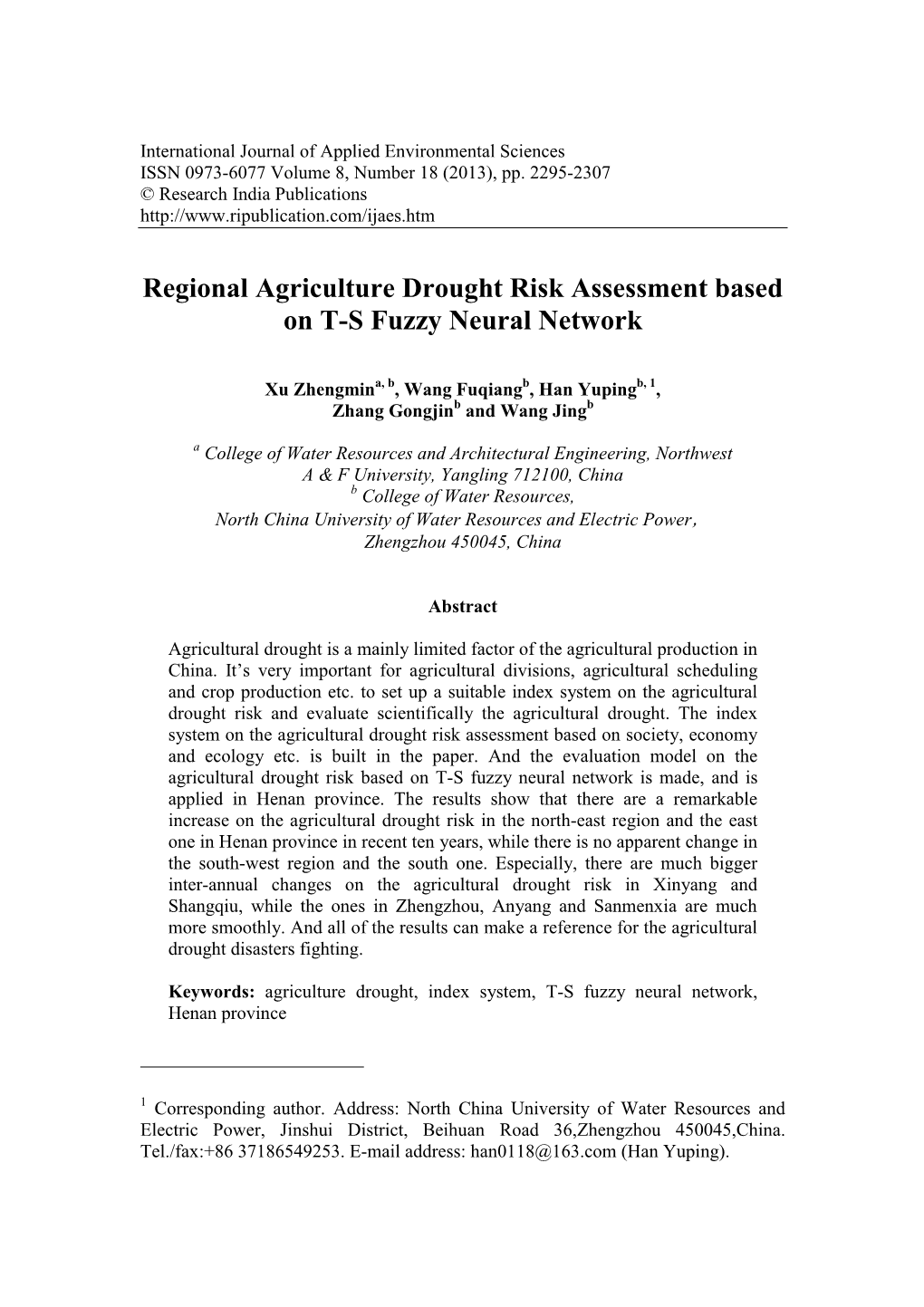 Regional Agriculture Drought Risk Assessment Based on T-S Fuzzy Neural Network