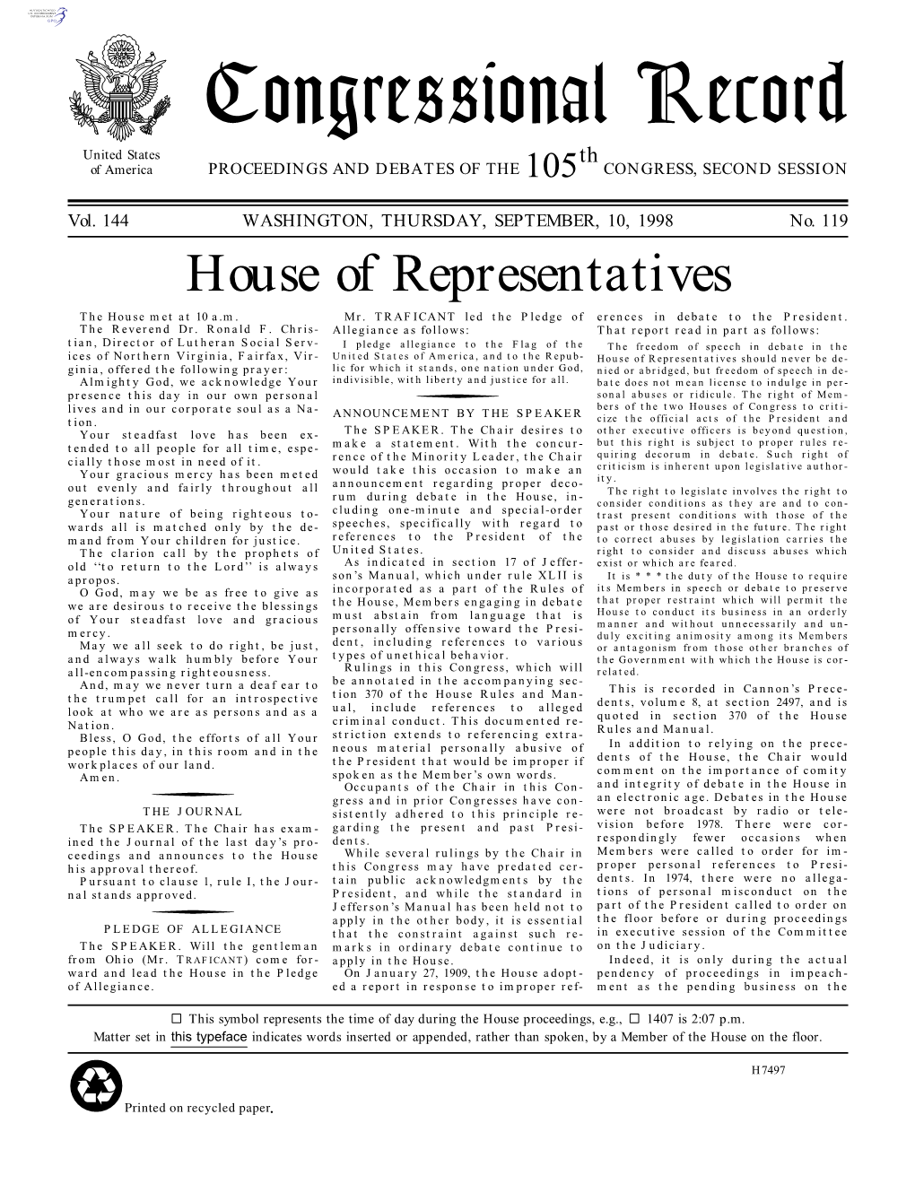 Congressional Record United States Th of America PROCEEDINGS and DEBATES of the 105 CONGRESS, SECOND SESSION