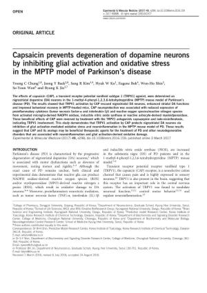Capsaicin Prevents Degeneration of Dopamine Neurons by Inhibiting Glial Activation and Oxidative Stress in the MPTP Model of Parkinson’S Disease