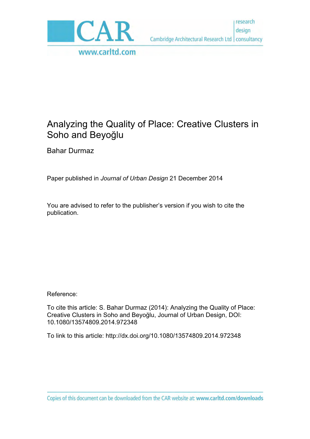 CAR Durmaz Analysing Quality of Place.Pdf