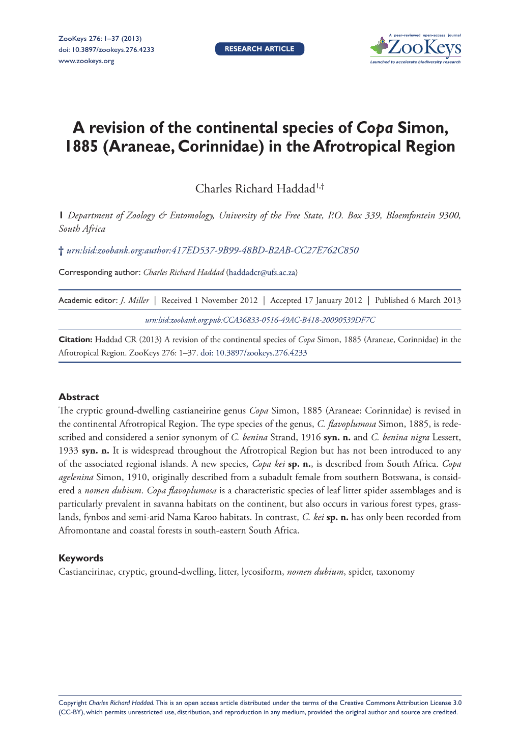 A Revision of the Continental Species of Copa Simon, 1885 (Araneae, Corinnidae) in the Afrotropical Region
