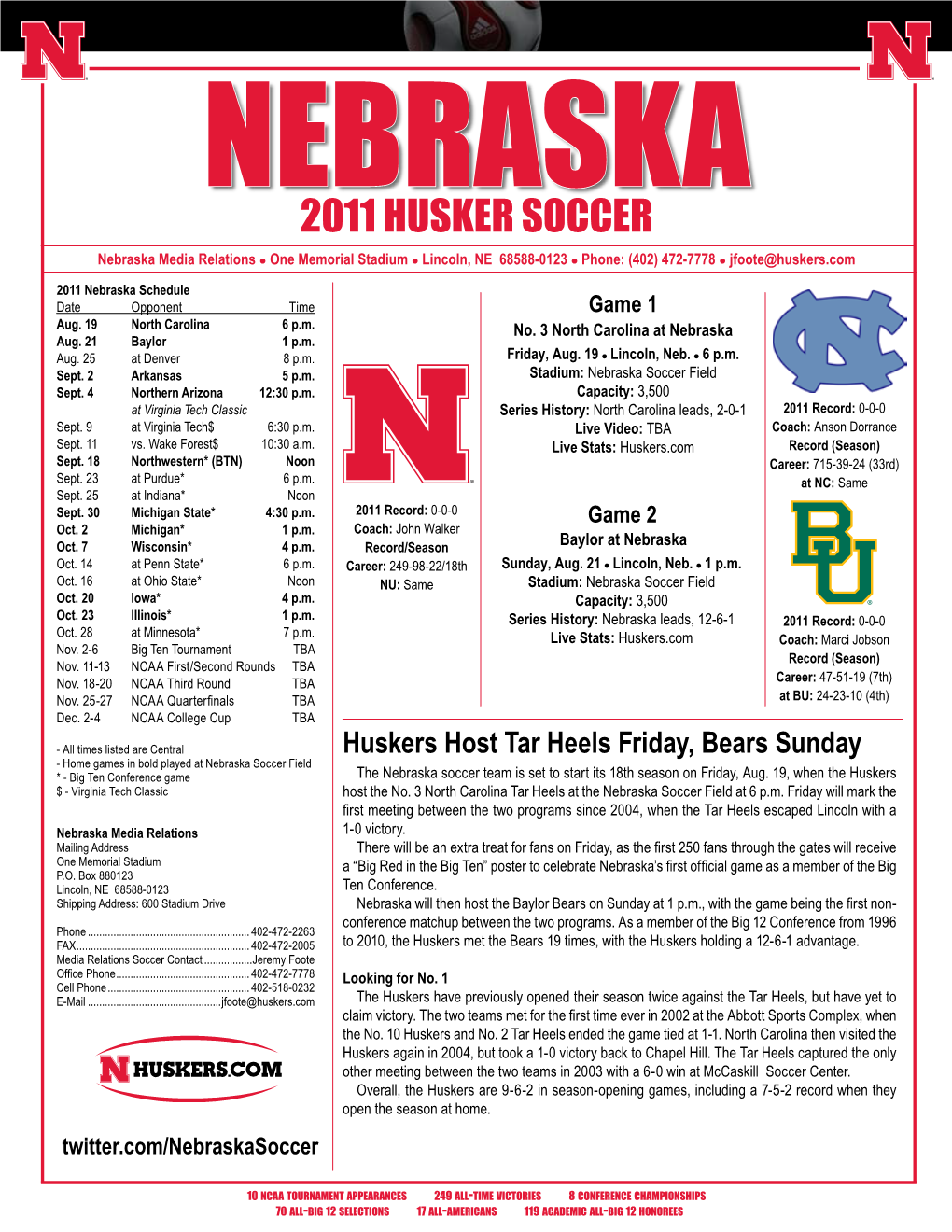 2011 HUSKER SOCCER Nebraska Media Relations L One Memorial Stadium L Lincoln, NE 68588-0123 L Phone: (402) 472-7778 L Jfoote@Huskers.Com