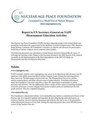 NAPF Report to UN Secretary General on Disarmament Education