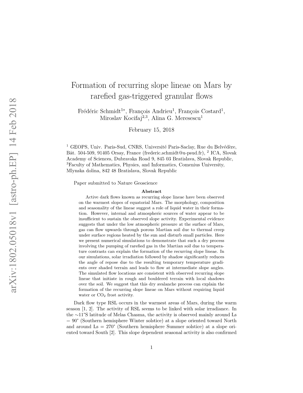 Formation of Recurring Slope Lineae on Mars by Rarefied Gas-Triggered