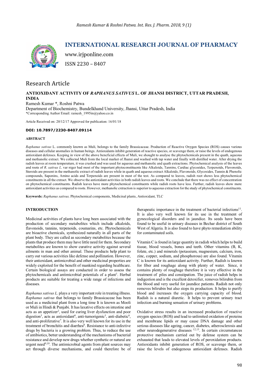 Antioxidant Activity of Raphanus Sativus L. of Jhansi