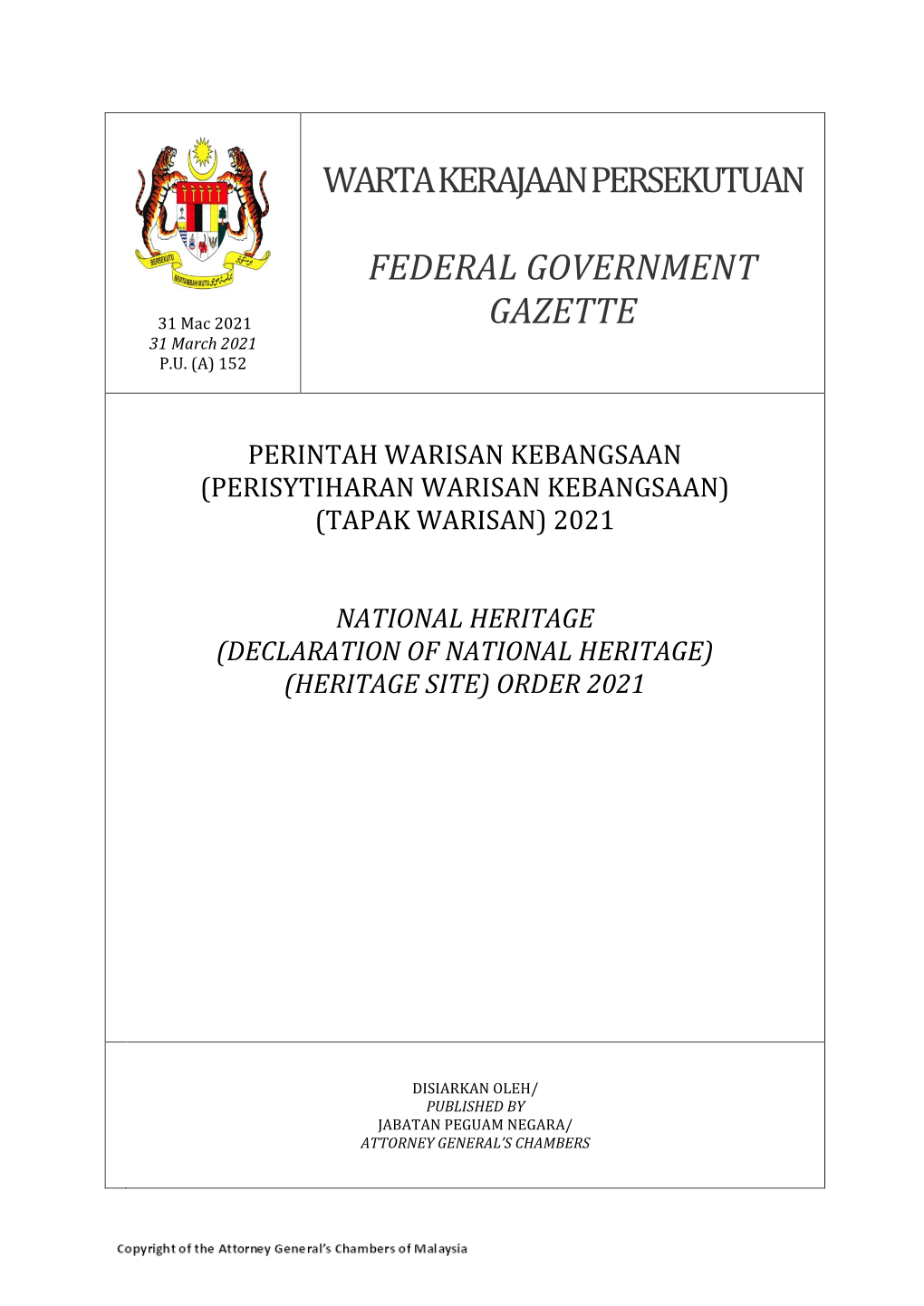 Warta Kerajaan Persekutuan Federal Government Gazette