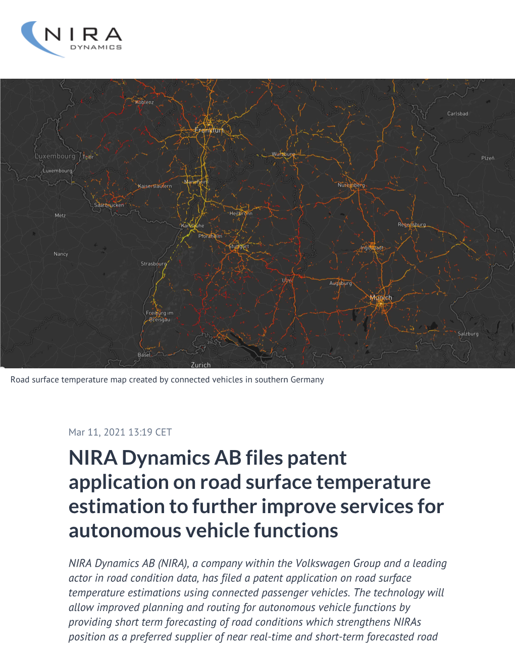 NIRA Dynamics AB Files Patent Application on Road Surface Temperature Estimation to Further Improve Services for Autonomous Vehicle Functions