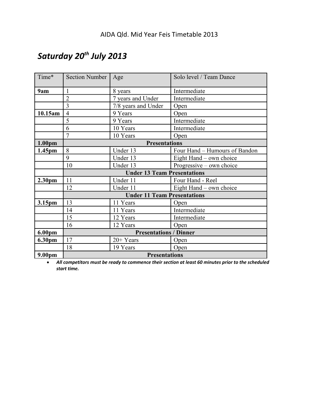 AIDA Qld. Mid Year Feis Timetable 2013