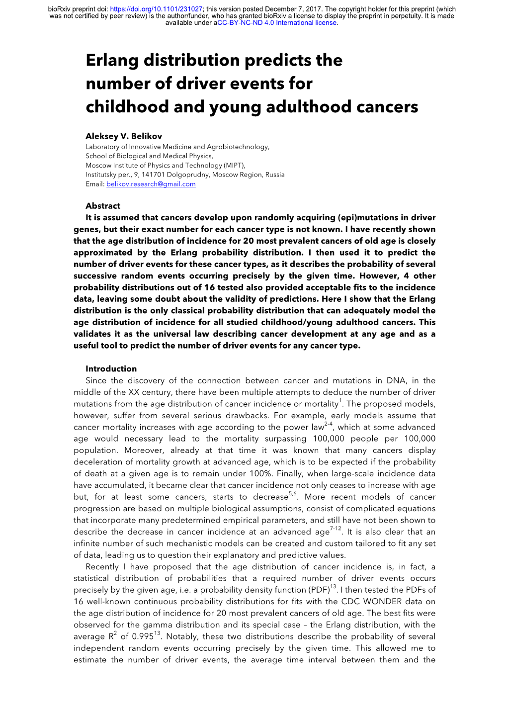 Erlang Distribution Predicts the Number of Driver Events for Childhood and Young Adulthood Cancers