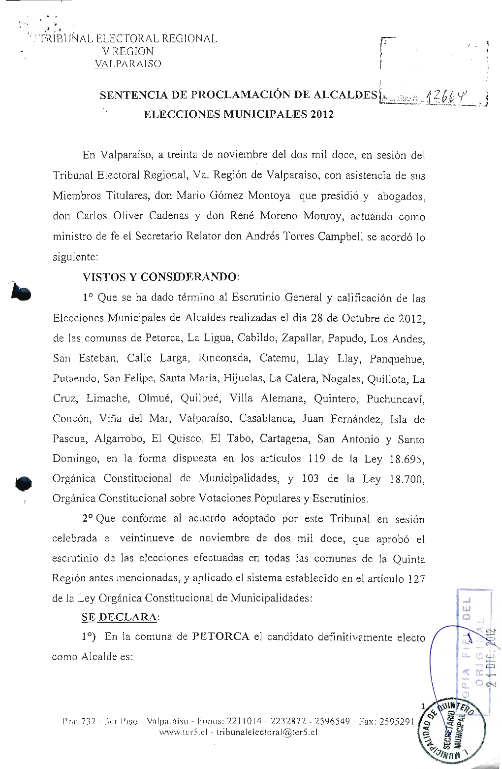 Sentencia De Proclamación De Alcaldes 4Í Elecciones Municipales 2012